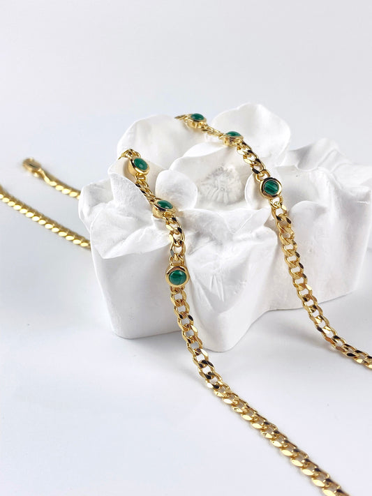 Malachite Trio Stones of Transformation | 18K Yellow Gold Cuban Chain Link Bracelet